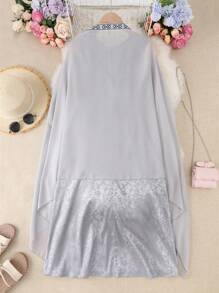 SHEIN 2pcs/Set Tween Girls' Geometric Patchwork Open Front Jacket And Sleeveless Dress - Baby Blue - View 2