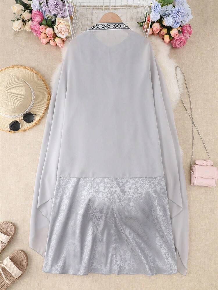 2pcs/Set Tween Girls' Geometric Patchwork Open Front Jacket And Sleeveless Dress