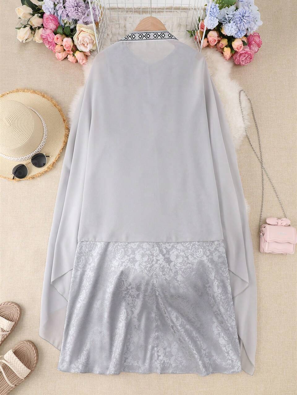 2pcs/Set Tween Girls' Geometric Patchwork Open Front Jacket And Sleeveless Dress