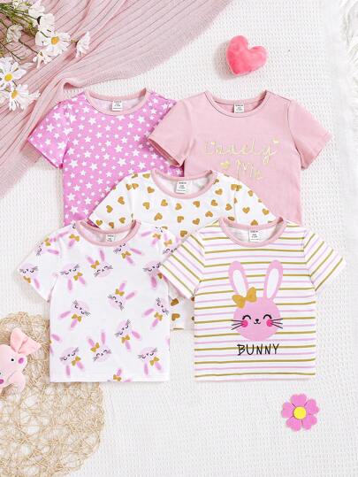 SHEIN Baby Girl's 5pcs Casual Cute Knitted Cartoon Rabbit Star Stripe Letter Print Short Sleeve Tops