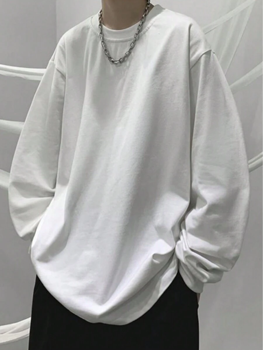 Claim Dot 男士纯色圆领运动衫圆领白色长袖休闲运动衫，适合朋友、丈夫、男朋友的礼物 - 白色 - 查看 1