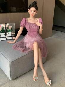 DAZY 女士网纱泡泡袖荷叶边连衣裙，生日舞会礼服，优雅女装 - 紫色 - 查看 6