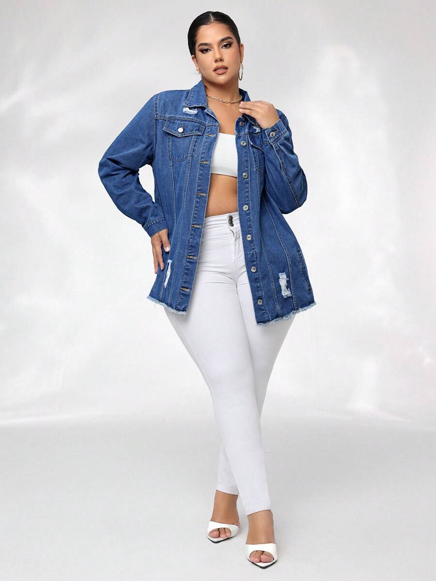 SHEIN SXY 大尺碼女款磨損牛仔夾克,帶破損邊緣 - 藍色 - 查看 1