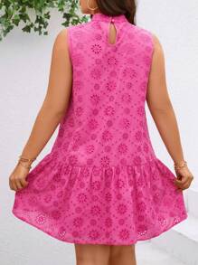 SHEIN Clasi Plus Size Women Embroidered Halter Neck Rose Red Dress With Ruffled Hem - Hot Pink - View 2