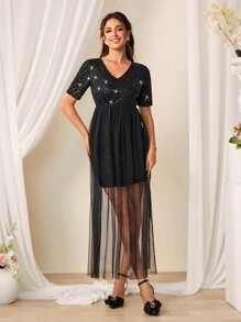 SHEIN Belle 女裝短袖珠飾雞尾酒派對連衣裙 - 黑色 - 查看 5