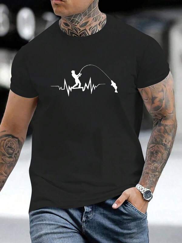 Men's Regular Fit Short Sleeve T-Shirt With Personalized EKG & Fishing Print, Casual & Stylish Outdoor Sportswear, Suitable As Gift For Husband Or Boyfriend