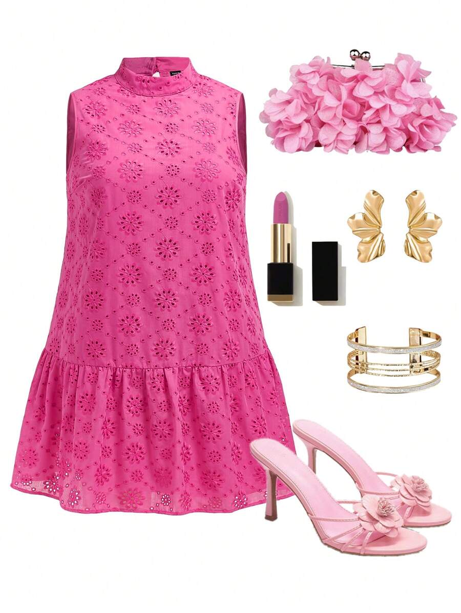 SHEIN Clasi Plus Size Women Embroidered Halter Neck Rose Red Dress With Ruffled Hem - Hot Pink - View 1