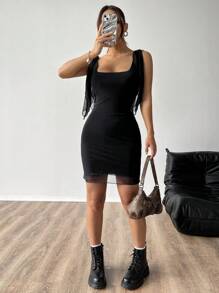 SHEIN EZwear Của phụ nữ Lưới Buộc Thắt lưng Váy bodycon - màu đen - Xem 5