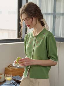 Simple Retro 女士刺繡蕾絲邊開衫 - 綠色 - 查看 5