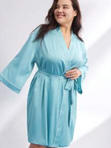 LUVLETTE 女士加大纹理缎纹提花短袍和睡眠面罩 - 綠色 - 查看 3
