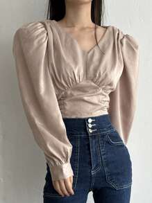 DAZY Women's Cropped Shirt With Ruched Puff Sleeves,Fall Clothes Long Sleeve Top - Apricot - View 4