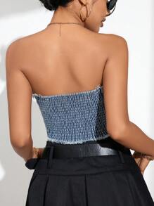 Aveloria Denim Top With Asymmetrical Hemline, Raw Trim, Pockets And Strapless Design