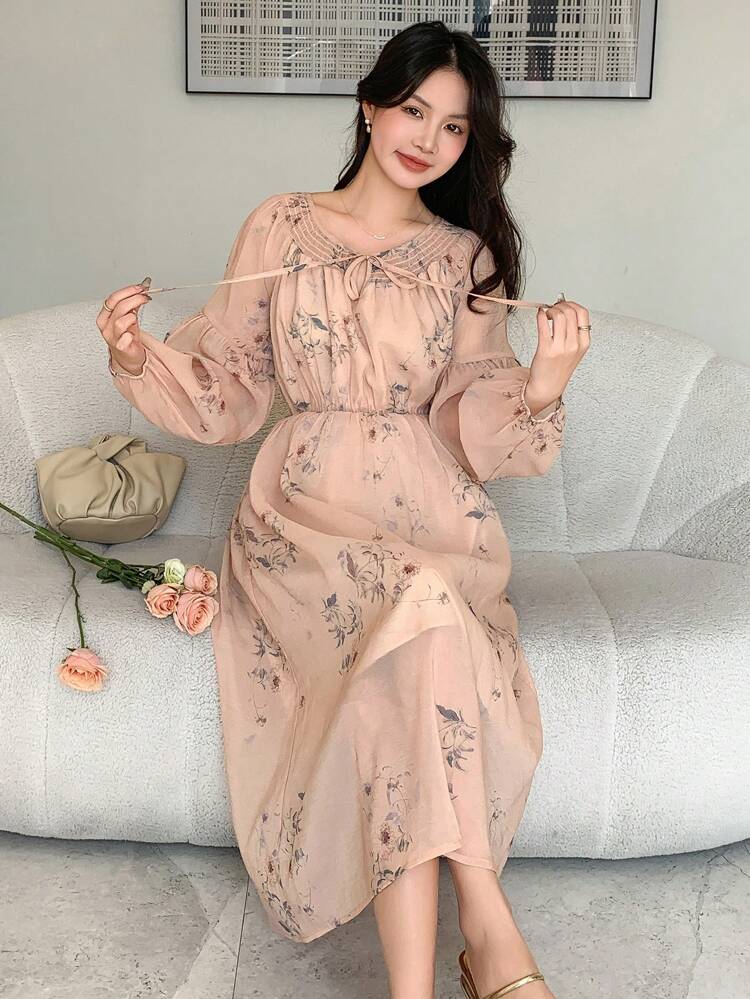 Women's Plant Print Lantern Sleeve Belted Dress Sundress,Fall Dress Long Sleeve Dress Easter Maxi Dress Floral Dresses For Women