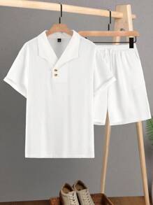 Manfinity Homme 男士純色短袖上衣+短褲套裝 - 白色 - 查看 1