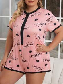 Plus Size Heart Printed Short Sleeves Round Neck One-Piece Pajamas - Pink - View 3