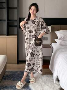 DAZY Women's Cute Cartoon Rabbit Pattern & Letter Print Pocket Design Loose Sleep Dress Summer, Moo Moo Sleep Dress Pajama - Beige - View 1