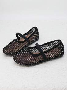 Tela De Malla Transpirable Negra, Con Patrón De Diamantes De Imitación Y Correa Elástica Aleatoria, Punta Redonda, Zapatos Planos Cómodos, Versátiles E Informales Para Niñas