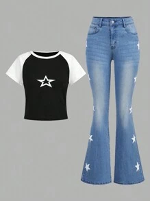 SHEIN Ensemble deux pièces t-shirt et jean évasé pour adolescentes avec motif étoilé et blocs de couleur