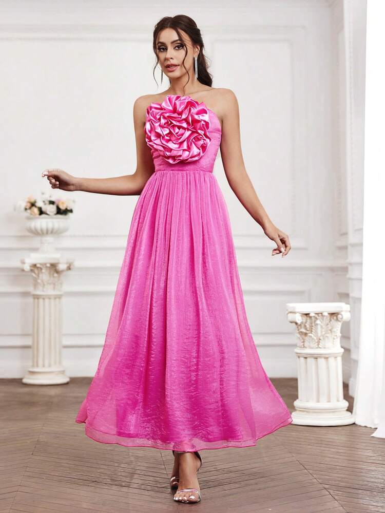 Spring/Summer Solid Color Lace Trim Pleated Strapless Dress For Women