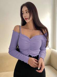 DAZY Women's Solid Color Ruched Open Shoulder Long Sleeve Fitted T-Shirt, Autumn,Off Shoulder Top,Fall Women Clothes - Purple - View 2