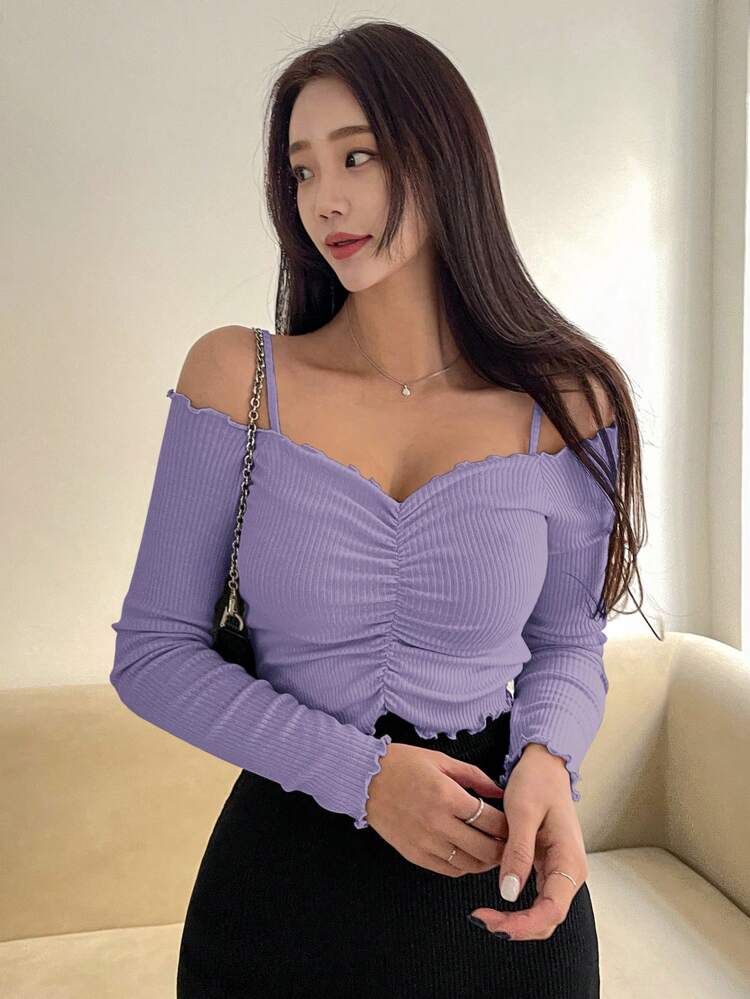 Women's Solid Color Ruched Open Shoulder Long Sleeve Fitted T-Shirt, Autumn,Off Shoulder Top,Fall Women Clothes