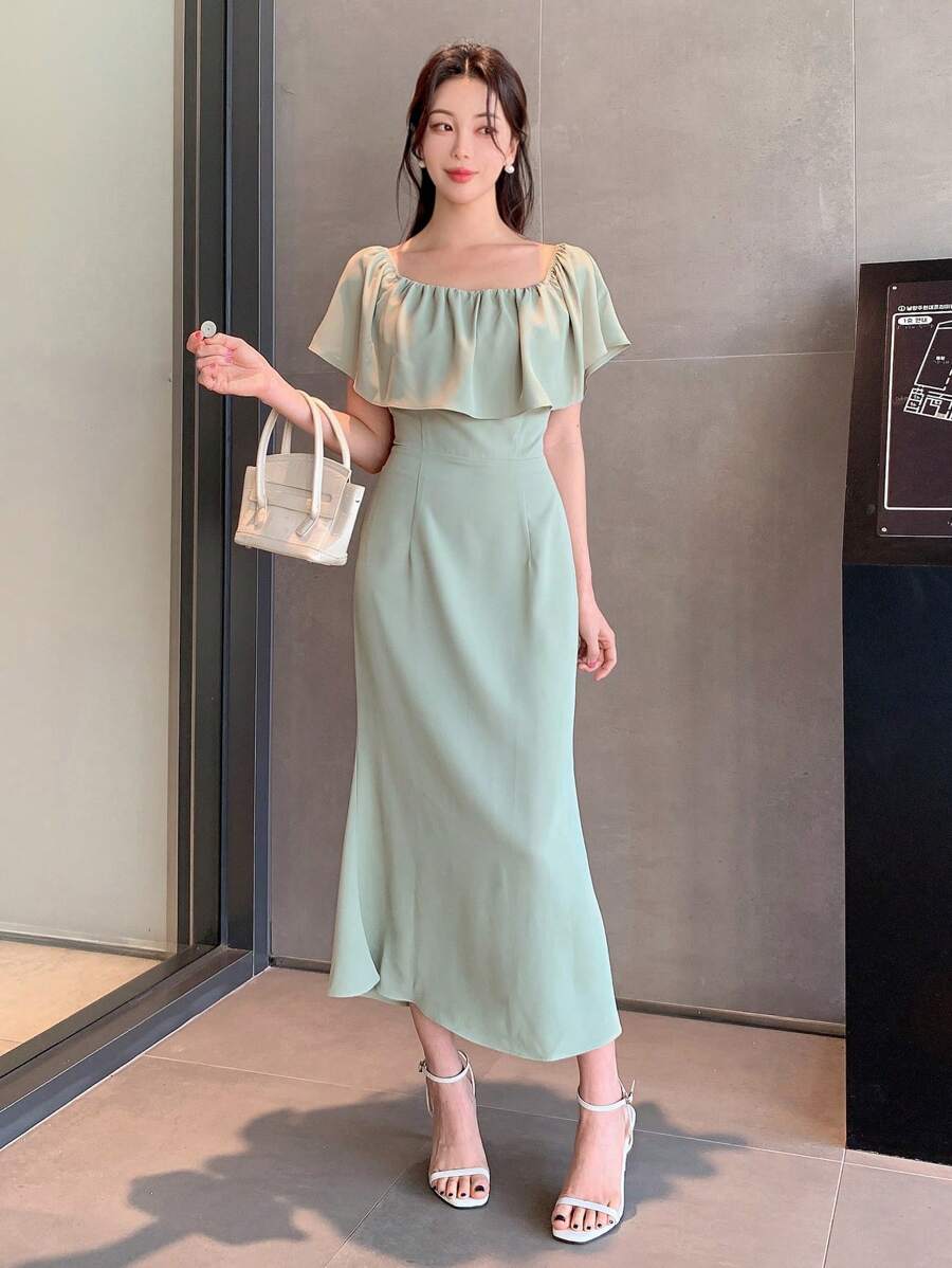 DAZY Vestido de tubo con escote cuadrado, volantes y bajo tipo cola de sirena para mujer - verde menta - Ver 1