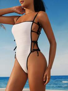 Swim Mod 1 件女式复古系带侧细肩带连体泳衣 - 白色 - 查看 5
