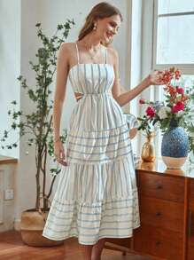 Aveloria Rosie Women's Vertical Stripe Cut-Out Waist Cami Dress Vacation Outfits Woman 