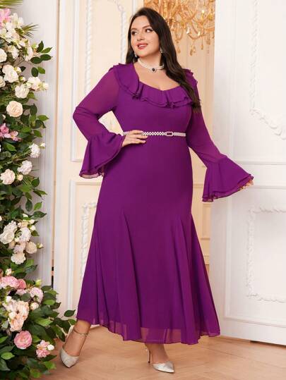 Modelyn 大码女式阿拉伯服装，带拼布和荷叶边饰边喇叭袖长款晚礼服