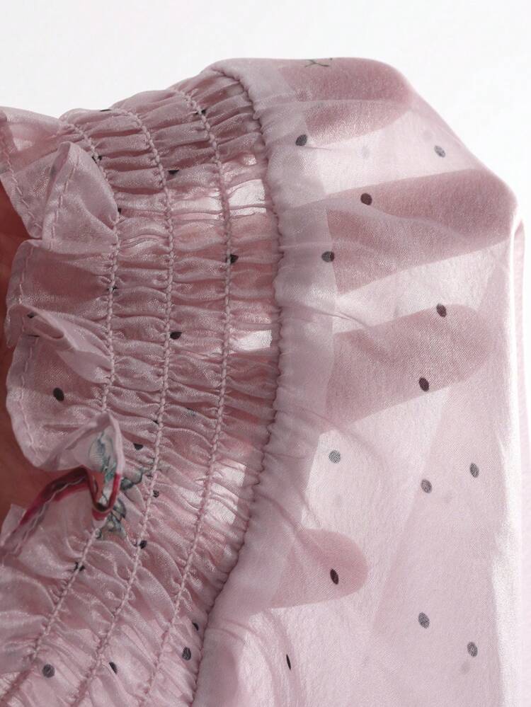 Ladies' Floral & Polka Dot Print Stand Collar Shirred Long Sleeve Shirt With Cinching Waist Sheer