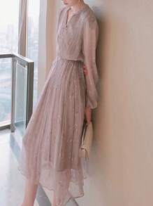 Abito Donna Con Maniche A Lanterna In Maglia Stampata Floreale E Vita Raccolta