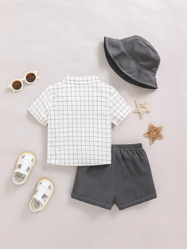 Baby Boy Casual Summer Plaid Short Sleeve Shirt & Denim Shorts & Hat Outfit Set