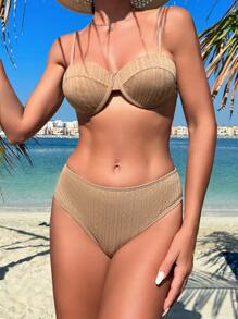 SHEIN Swim Solid Color Steel Support Push Up Separated Bikini Set Summer Beach - Khaki - View 8