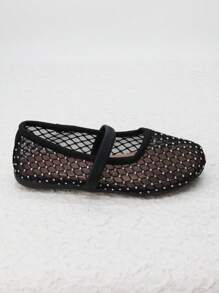 Tela De Malla Transpirable Negra, Con Patrón De Diamantes De Imitación Y Correa Elástica Aleatoria, Punta Redonda, Zapatos Planos Cómodos, Versátiles E Informales Para Niñas