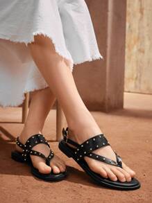 Styleloop Sandalias Planas Negras Y Cómodas Con Estilo Occidental Para Mujer Con Tachuelas - Negro - Ver 1