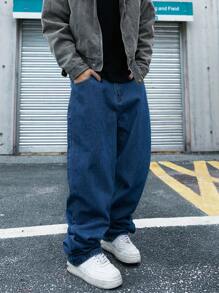 Manfinity EMRG 男士牛仔裤，带侧袋，纯色深蓝色长款宽松深色洗水牛仔裤，洗水工装牛仔裤，适合送给丈夫、男朋友的礼物