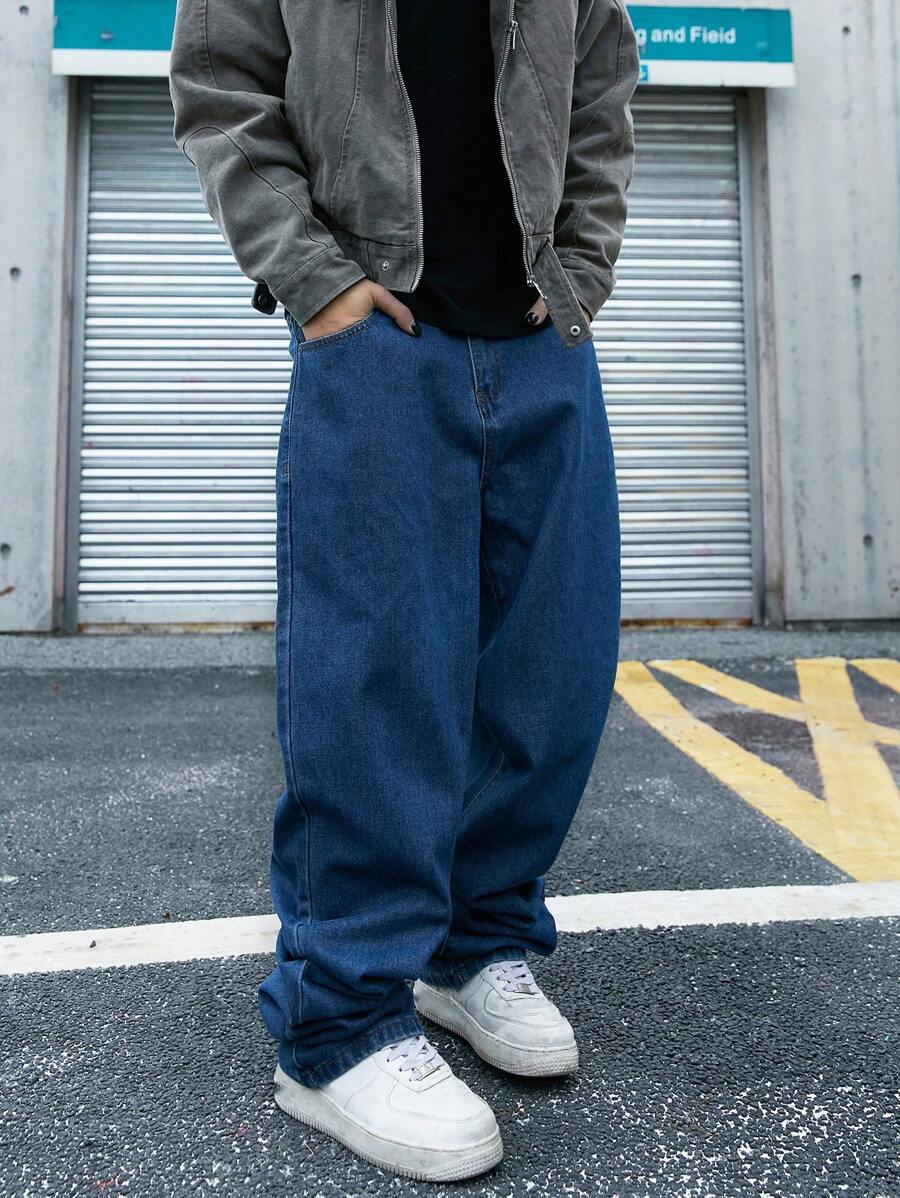 Manfinity EMRG 男士牛仔裤，带侧袋，纯色深蓝色长款宽松深色洗水牛仔裤，洗水工装牛仔裤，适合送给丈夫、男朋友的礼物