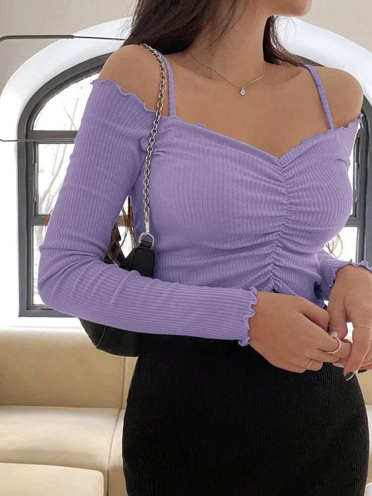 Women's Solid Color Ruched Open Shoulder Long Sleeve Fitted T-Shirt, Autumn,Off Shoulder Top,Fall Women Clothes