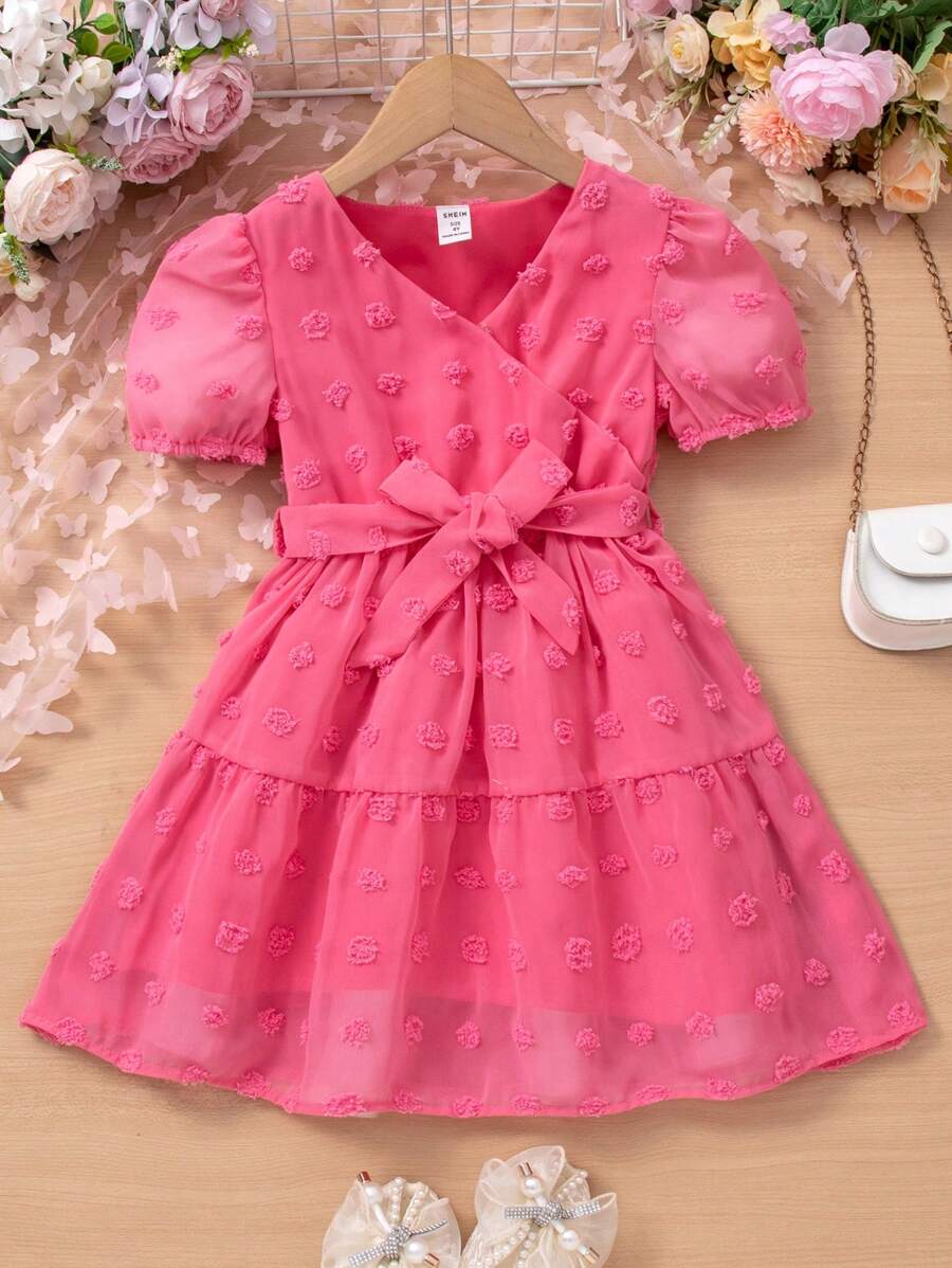 SHEIN Toddler Girls' Pink Chiffon Puff Short Sleeve Dress - Pink - View 1