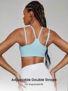 GLOWMODE FeatherFit™-Ribbed Heart-Shaped Adjustable Dual Straps Sports Bra Light Support Low Impact Yoga Pilates Studio - Aqua Blue - View 2