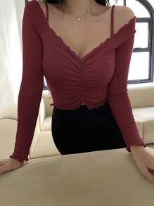 DAZY 1 Áo thun nữ hở vai tay dài xếp ly màu trơn mùa thu - Màu Đỏ Sâu - Xem 4