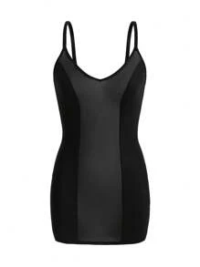 SHAPORA Women's Contrast Mesh Spaghetti Strap Bodycon Dress - Black - View 3