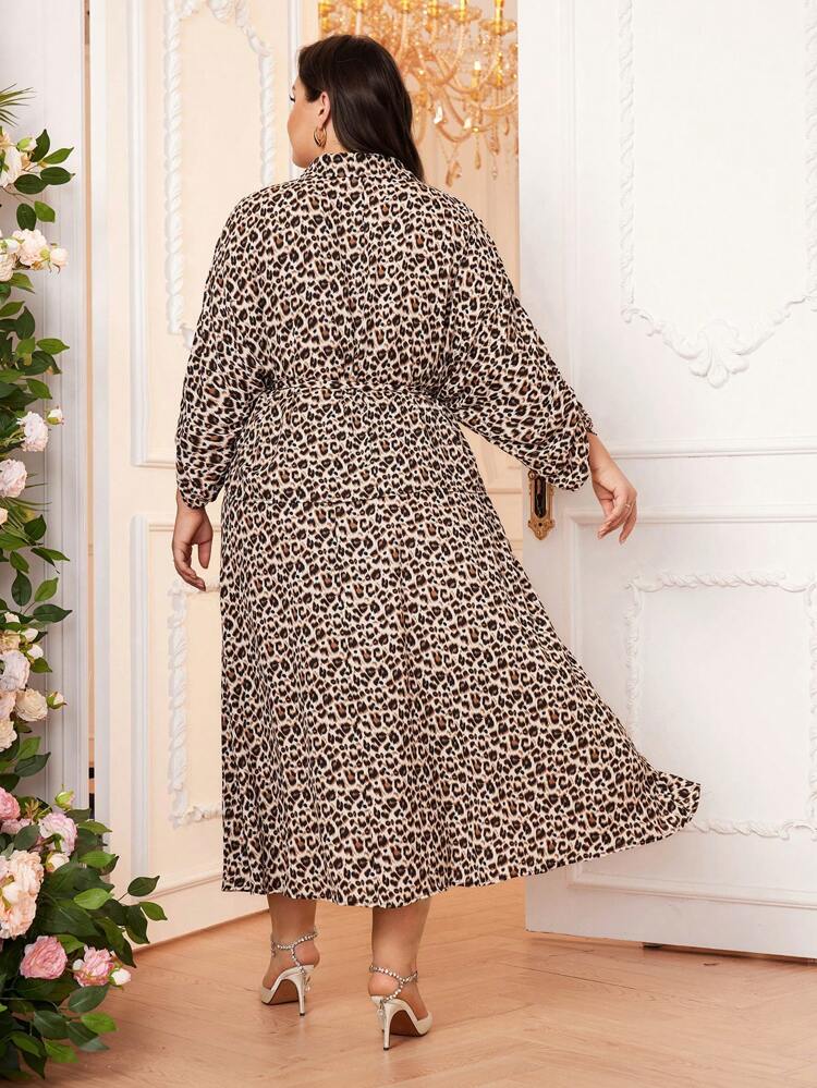 Plus Size Leopard Print Polo Collar Shirt And Skirt Two Pieces Set 2 Pieces Set