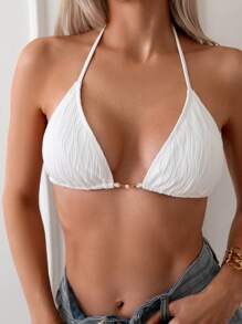 Swim Basics Women's Summer Beach Textured Halter Neck Bikini Top - White - View 3