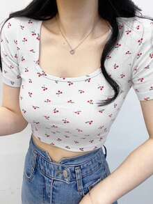 DAZY 女櫻桃印花短方領 T 卹 - 白色 - 查看 2