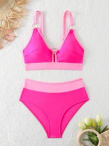 SHEIN Swim 女士兩件式比基尼套裝，配有環形細節和拼色設計，高腰泳裝套裝 - 粉色 - 查看 5