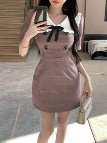 DAZY Đầm dạ hội tay ngắn họa tiết Houndstooth cổ Peter Pan phối màu cho nữ - Nhiều màu - Xem 1