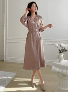 DAZY 女式前扣A字连衣裙，秋装长袖连衣裙 - 卡其色 - 查看 8