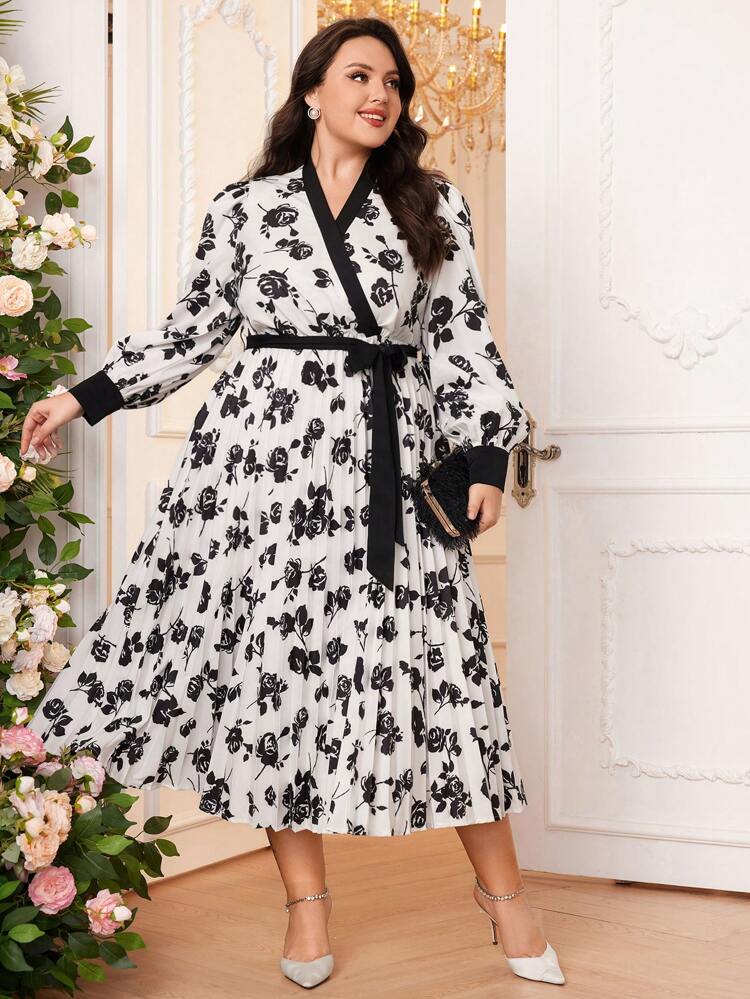 Plus Size Floral Printed Tie Waist Arabian Clothing Long Evening Dresses