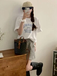 DAZY 女士宽松圆领短袖T恤字母刺绣夏季超大码T恤 - 白色 - 查看 4